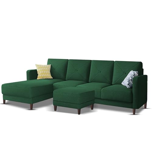 Image of Baloney LHS 6 Seater L Shape Sofa Set with Center Table for Living Room (Green Fabric) Premium Fabric Sofa