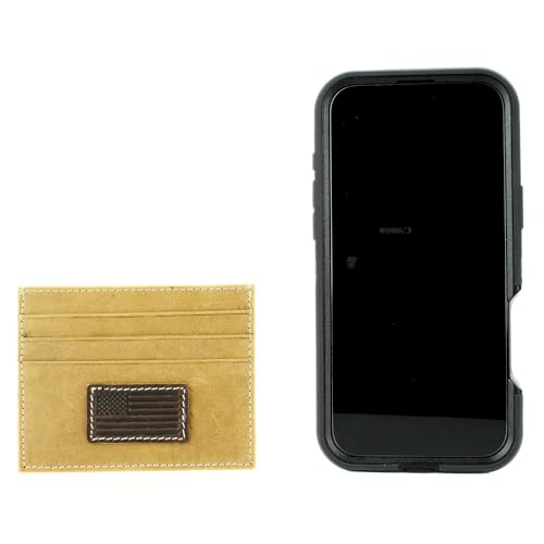 American Bison Men’s Leather Credit Card Holder – Embossed American Flag Slim Wallet with ID Window, 3 Card Slots, Slide Pocket – Wooden Gift Box (Tan)3