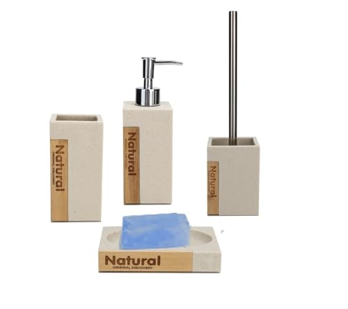 BM Set Accessori Bagno 4 Pezzi in Resina e Bambù – Dispenser Sapone, Portaspazzolino, Portasapone, Porta Scopino WC – Design Moderno ed Elegante per un Bagno Ordinato e Raffinato