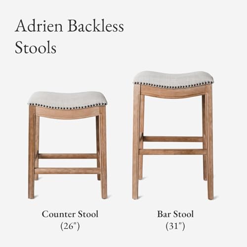 Image of Maven Lane Adrien Backless Counter Stool - 26 Inches - Saddle Stool with Footrest - Brown Solid Wood Frame & Natural Fabric Upholstery - Perfect for Kitchen Islands & Counters
