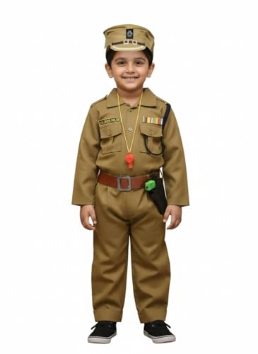 Image of Kids Police Costume Dress for Boys - Khaki Uniform with Cap, Belt, Whistle & Accessories | Fancy Dress for School Functions, Annual Day & Role Play (1 Set)