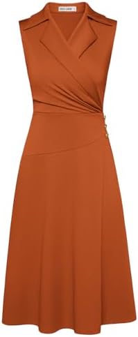 GRACE KARIN 2025 Women's Notch Lapel Ruched Wrap V Neck Business Work Dress Sleeveless A Line Midi Dress