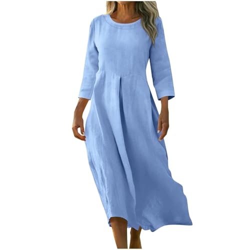 Robe d'été midi ample col rond manches 3/4 chic - Robe fluide légère décontractée