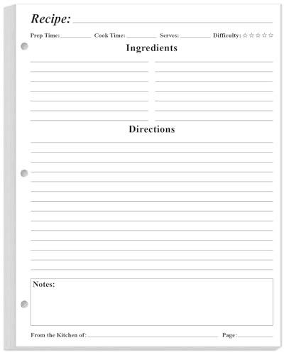 Blank Recipe Paper for A4 Binder - 3 Hole Recipe Book Paper Refills for Saving Recipes, 50 Sheets/100 Pages, 100gsm, White, 8.5'' x 11''