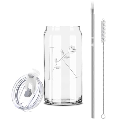 Initia Hand-Carved Crystal Glass Cup, Exquisite Monogrammed Drinking Glasses with Lid, 18 Oz Iced Coffee Cup With Engraved Initials, Personalized Birthday Gifts for Women -Letter 'K'