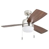 Honeywell Ceiling Fans Barcadero Modern 44 Inch Ceiling Fan with Light, Pull Chain LED Indoor Fan with 3 Blades, Maple and Brown Maple Blade Finish Options, Brushed Nickel (50616-01)