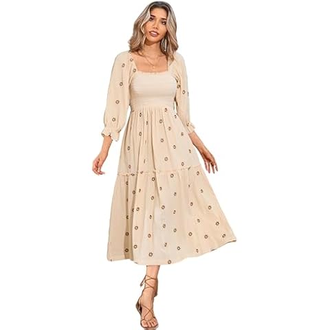 R.Vivimos Women's Long Sleeve Cotton Boho Midi Dress Vintage Square Neck Floral Embroidered Tiered Ruffle Flowy Pockets Dress (Small, Beige) Cover