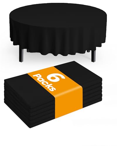 Image of Pureegg Plastic Table Cloth Disposable 6 Pack, 84 Inch Round, Black | Halloween Party, Summerween Decor, Waterproof, Black, Round Tablecloth