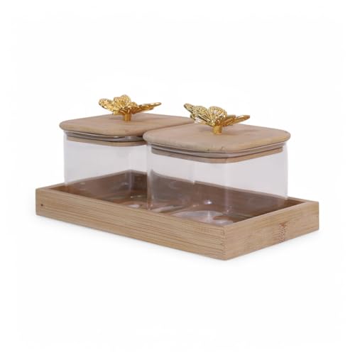 Image of HOME 360 Luxury Gold Horse-Drawn Carriage Spice & Dry Fruit Jar Set | 36X12X10CM | Metallic Chariot with 2 Ribbed Glass Containers | (Set of 2Jar)
