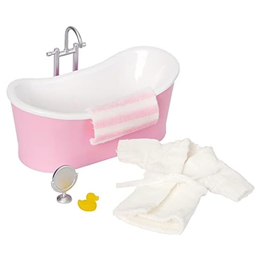 Lundby Dockhusmöbler Tillbehör för Badrum Set till Dockskåp Leksaker Dockhus Accessoarer för 11cm Dockor – 5 Delar Badkar, Badrock, Spegel, Bad anka, Handduk Ålder 4+ Skala 1:18