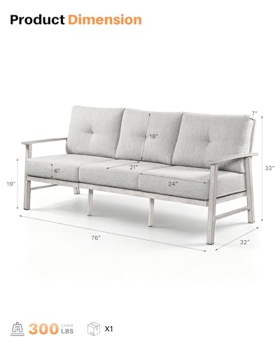 Image of 3 Seats Patio Furniture Sofa, Outdoor Aluminum Couch with 5.9'' Soft Cushion, 3-Seater All-Weather Outdoor Patio Furniture Sofa Couch for Balcony, Poolside, Lawn, White Oak