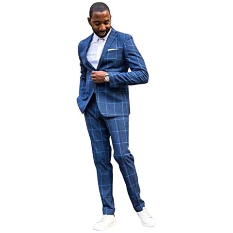 Drkobr Men's Checked Suit Two Buttons Notch Lapel Tuxedo for Formal Business Blue Cover