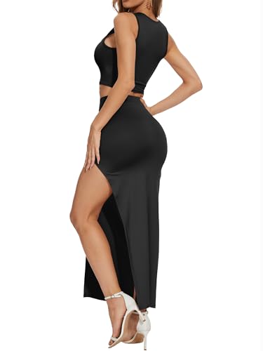 ELLEVEN Sexy 2 Piece Maxi Skirt Sets for Women - Knit Bodycon Crop Tank Top and High Slit Skirt Dress Set, Summer Outfits4