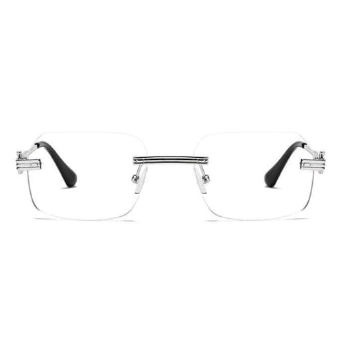Image of Street Knitted Men's Women's Silver Wire Metal Frame Rectangular Clear Tint Rimless Glasses Luxury Designer Unisex Hip Hop Fashion Retro Square Frameless Clear Lens Eye Glasses For Men