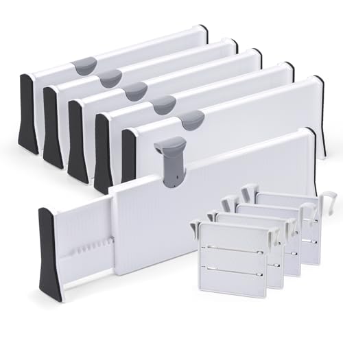 Image of Easortm Drawer Divider 6 Pack, Adjustable Drawer Dividers for Clothing 4", Expandable Drawer Dividers Organizer form 11-17" for Nursery Dresser Bathroom Bedroom Drawer.(White)