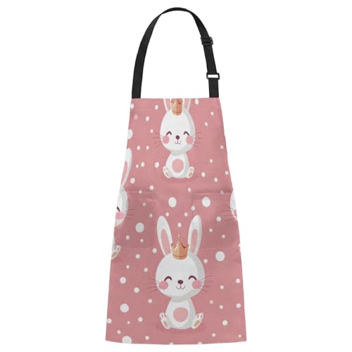 Aglebo Cute Rabbit Dots Chef Apron with Pockets Adjustable Shoulder Strap Waterproof Cooking Apron for Kitchen Baking Gardening Pottery Painting