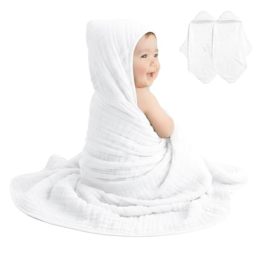 Image of david's kids 2 Pack Hooded Baby Towels, 100% Muslin Cotton 6-Layer Ultra Soft Breathable Absorbent Baby Bath Towels for Infant and Toddler, Newborn Essentials, Large 32x32Inch, White