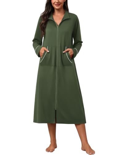 Image of Ekouaer Zipper Robes for Women Long Sleeve Lightweight House Coats with Pockets Zip Up Bathrobe Loungewear S-3XL