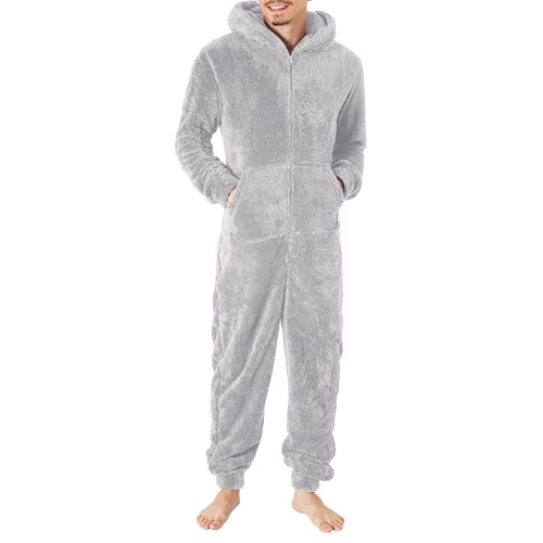 Fleece Onesie Vuxen Herr Fuzzy Fleece Dragkedja Huva Heltäckande Romper Varm Pyjamas Plysch Loungekläder Par Outfit Grå Stor