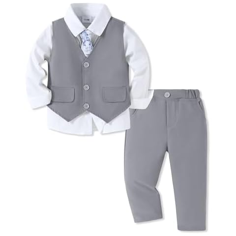 SANMIO Boy Suit Toddler Boys Formal Dress Outfit Shirt+Printed Tie+Vest+Pants Baby Tuxedo Boys Wedding Clothes Gray 4-5T Cover