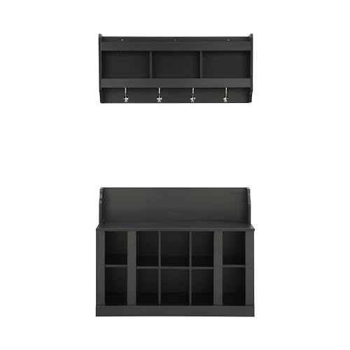 Image of Shoe Storage Bench with Shelves and 4 Hooks, Entryway Hall Tree with Shoe Cabinets with Coat Rack