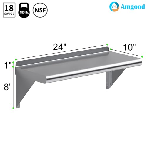 Image of AmGood 10 in. x 24 in. Stainless Steel Wall Shelf | NSF | Metal Shelving | Garage, Laundry, Storage, Utility Room | Restaurant, Commercial Kitchen