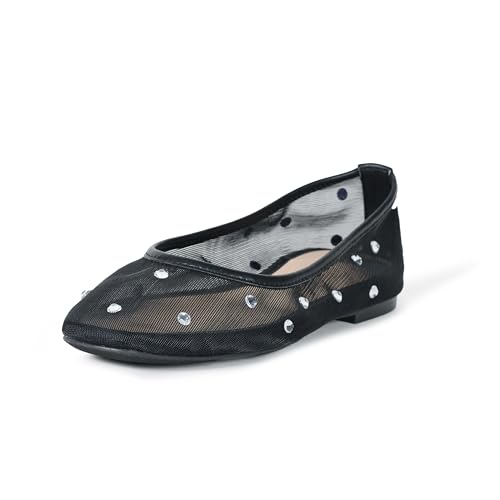 The Drop Ballerines Plates pour Femme avec nœud en Maille Noire et Strass, Pointure 42,5