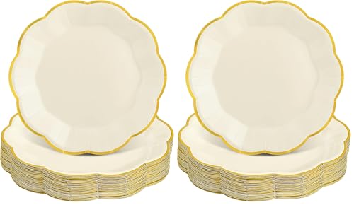 Image of NatNarr 30 Pcs Cream Paper Plates, 7 Inch Ivory New Years Plates with Gold Trim Scalloped White and Gold Plate for New Year, Baby Shower, Wedding (Pack of 2)