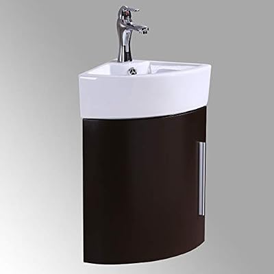 Corner Wall Mount Vanity Sink, Compact White Sink With Dark Oak Vanity, Scratch And Stain Resistant Finish, Heavy Duty Grade A Vitreous China Built, Faucet And Drain Included, Renovators Supply