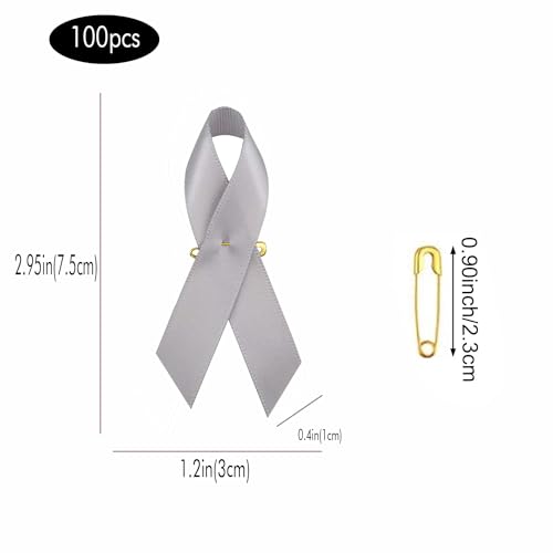 Image of 100pcs Grey Ribbon Satin Pins, Cancer Awareness Ribbon Pins Hope Faith Awareness Brooch for Party Event Supplies Clothing Decoration, 7.5cm