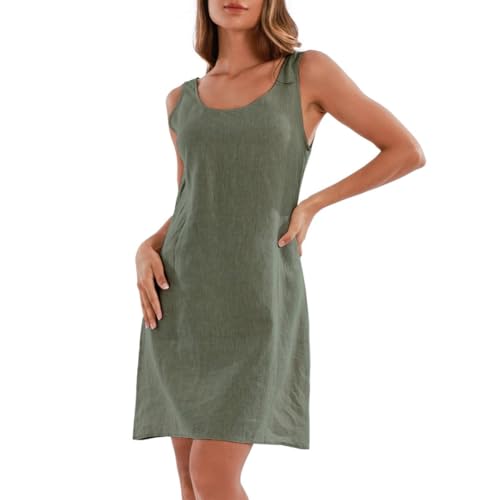 Amazhiyu Women's 100% Linen Summer Casual Sleeveless Mini Shift Tank Dresses