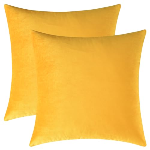 Image of Mixhug Decorative Throw Pillow Covers, Velvet Cushion Covers, Solid Throw Pillow Cases for Couch and Bed, Mustard Yellow, 16 x 16 Inches, Set of 2