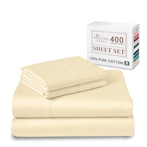 Pizuna Pure 100% Cotton California King Bed Sheet SetNew Ivory, 400 Thread Count Cozy Luxury Long Staple Cotton Sateen Weave Bedsheet Set (1 Flat Sheet, 1 Fitted Sheet, 2 Pillowcases)