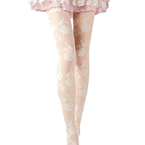 BOLUOBAO Collant Fantaisie Femme Sexy Motifs Fleurs Chaussette Femmes Transparente Dentelle élastique Chic à La Mode Bas Autofixants (taille unique, Blanc) Cover