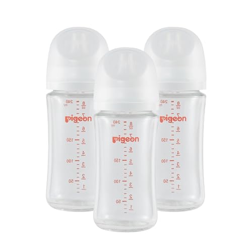 Image of Pigeon Glass Nursing Bottle Wide Neck, Nurture & Nest, Anti-Colic, Streamlined Body, Natural Feel, Easy to Clean, Heat-Resistant, 8.1 Oz (Pack of 3), Includes 3pcs Stage 3 Nipples (3m+)