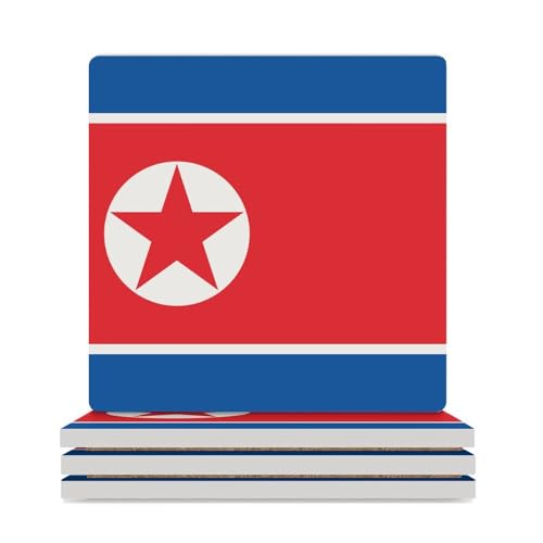 Lot de 4 dessous de verre carrés en céramique avec drapeau national de la Corée du Nord Corée du Nord pour tasse basse en liège Convient pour les types de tasses, table, cadeau de nouvelle maison