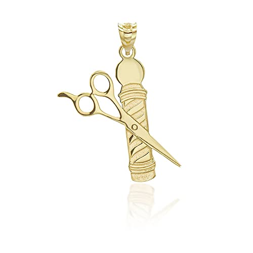 14K Yellow Gold Personalized Name Hair Stylist Scissor and Barber Shop Pole Engravable Pendant