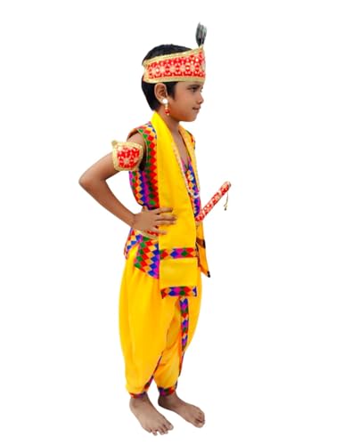 Image of BookMyCostume Shri Krishna Multicolor Kids Fancy Dress Costume 9 Pcs Set with Red Accessories - Premium 5-6 years