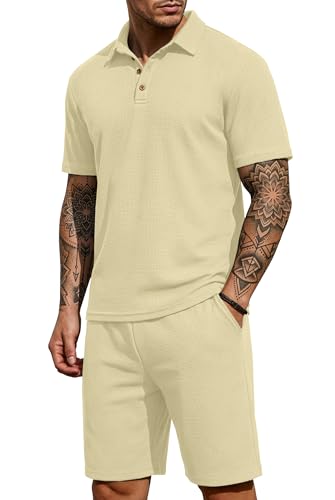 PrinStory Men's Summer Outfits Waffle Knit Polo Shirt and Shorts Set 2 Pieces Casual Tracksuit with Pockets Beige-M