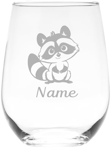 C M - Custom Stemless Wine Glass with Raccoon and Name 17 oz - Personalized Raccoon Themed Gift for Women and Men
