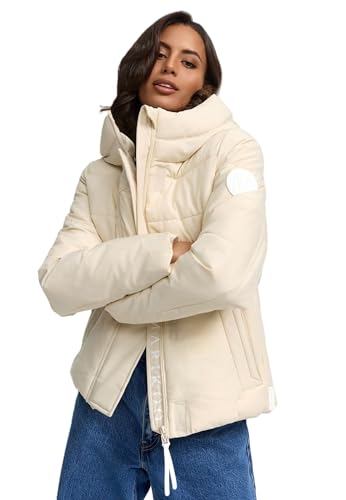 MARIKOO Damen Winterjacke (XS-3XL) - 5 Taschen, große Kapuze, Schlaufen auf der Innenseite, leichte Steppjacke, Warme Jacke Frauen - N019 (M, Cream)