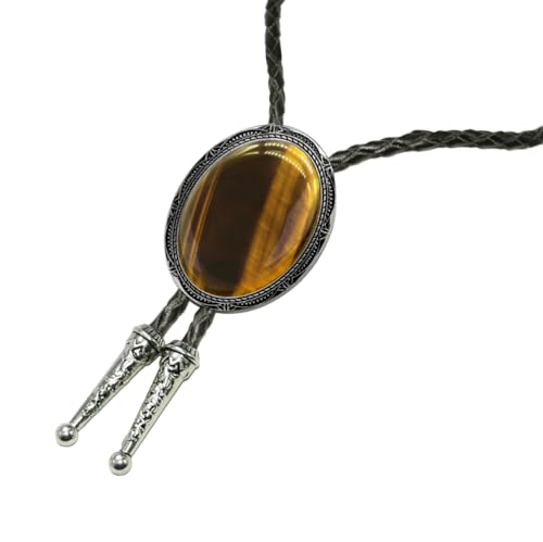 Image of Moranse Bolo Tie with Natural Tiger Eye Stone Celtic Style Genuine and Cowhide Rope