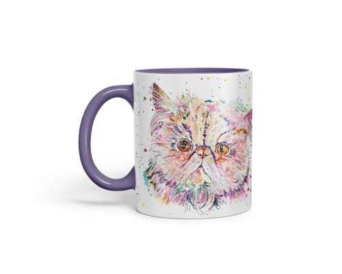 Vixar Persian Cat Kitten Pet Animals Watercolour Art Coloured Mug Cup Gift Birthday Work Office Tea Coffee (Purple)