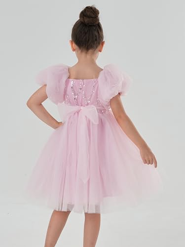 2Bunnies Girls Puff Sleeve Sequin Bodice Tulle Bow Back Party Flower Girl Dress4
