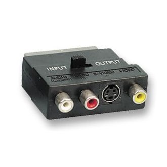 Scart plug to 3x Phono socket adaptors with integral IN or OUT switches