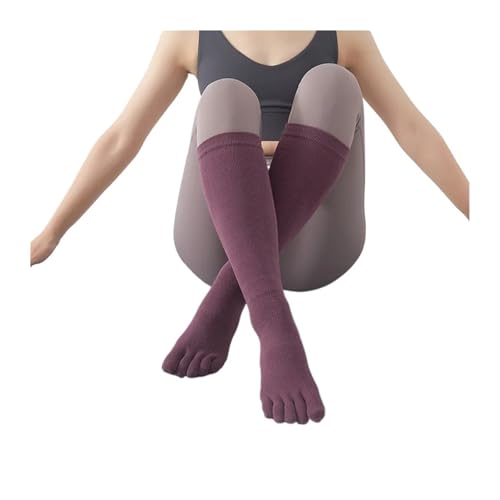 2 pares de calcetines deportivos hasta la rodilla 5 dedos de largo for mujer medias antideslizantes de silicona de algodón sólido calcetines de Yoga Pilates for gimnasio con dedos de los pies(Purple)
