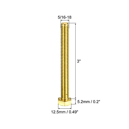 Image of uxcell Brass Hex Bolts, 5 /16-18x3 2pcs Fully Thread Grade 4.8 Solid Brass Hexagon Head Bolt Machine Screws for Machinery