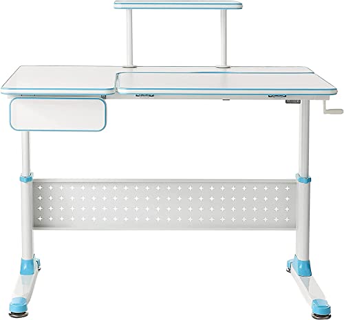 Apexdesk Little Soleil Dx 43" W Children's Height Adjustable Study W/Integrated Shelf & Drawer, Blue Desk Only #TOP3