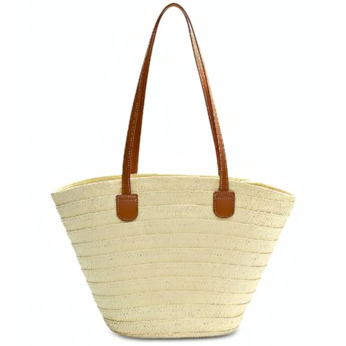 Bolsa Feminina De Palha Grande Moda Praia Verão Passeio Com Alça De Ombro Reforçada Estilosa Elegante Tedencia Verão Mar Piscina Piquinique Férias Bolsa De Palha Sintetica Luxuosa (Bege/Liso)