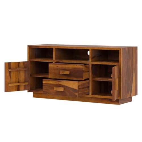 Image of Solid Wood TV Unit for Living Room 55 Inch Furniture - Wooden TV Unit with Storage Cabinet with 2 Drawr, 7 Shelves Wooden TV Cabinet for Living Room - Fits up to 55-Inch TV (Barrett)